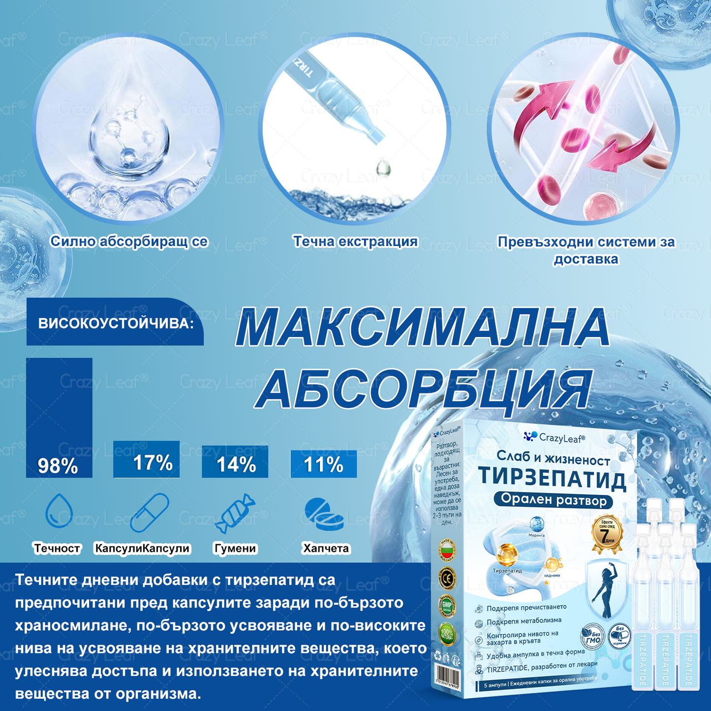 🌿 CrazyLeaf® Слим & Виталити Тирезепатид 8 в 1 – орален разтвор (Само веднъж на ден – видими резултати само за 7 дни)  ✅ Подходящ за различни нужди: наднормено тегло, сърдечно-съдово здраве, диабет, сънна апнея, здраве на червата, ставни проблеми и други.